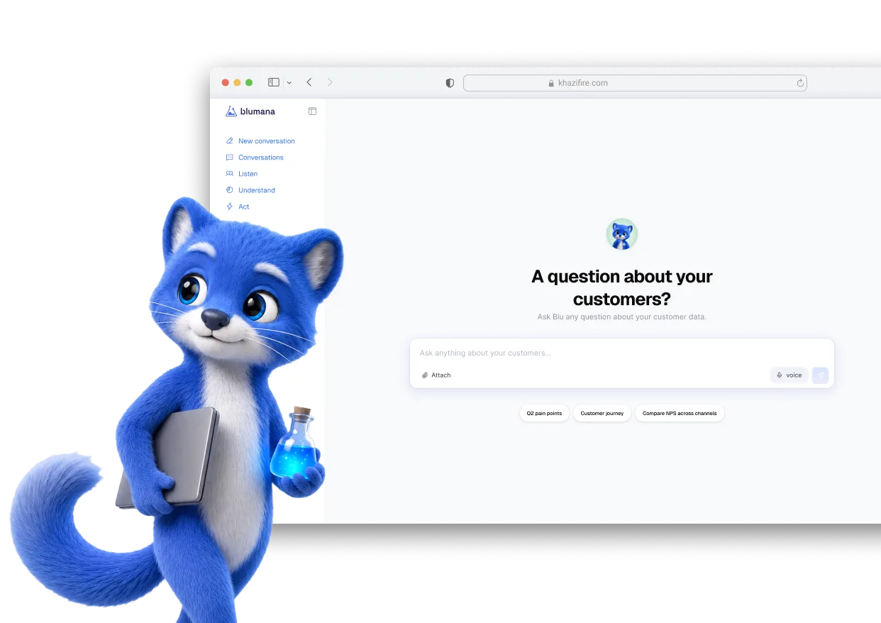 Blu mascot presenting the Blumana app