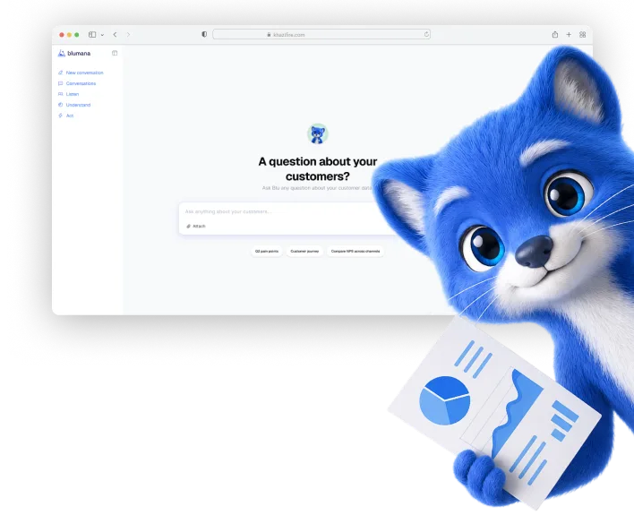 Blu mascot presenting the Blumana app